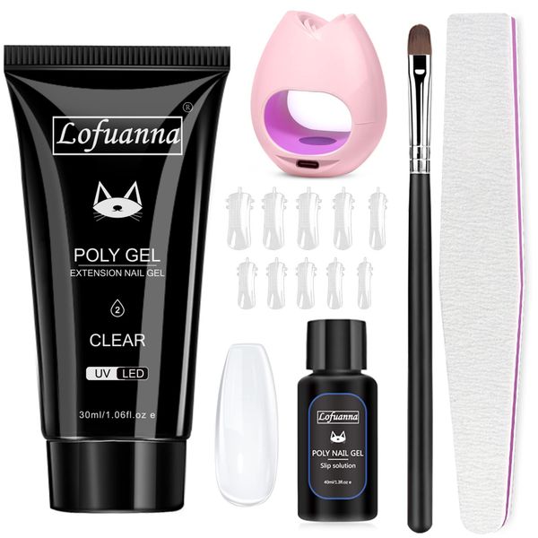 Lofuanna Poly Gel Nail Kit-30ML Clear Poly Extension Gel Nail Starter kit, Poly Nail Gel With Nail Lamp Slip Solution Nail form Nail Brush,Nail Strengthen Nail Gel Kit DIY for Beginners