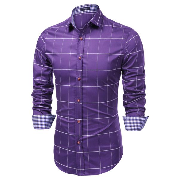 COOFANDY Men Fashion Long Sleeve Plaid Button Down Shirt Casual Dress Shirts, Purple, Large