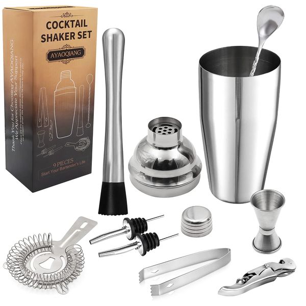 Cocktail Shakers Set,9 Pieces Cocktail Making Kit,Cocktail Shaker Set 750 ML Stainless Steel Bar Tool Set Bartender Kit with Double Jigger,Pestle,Strainer,Pourers,Mixing Spoon,Ice Tongs,Corkscrew